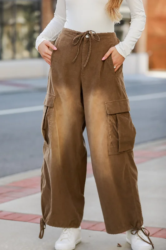 Elegant Women's Evening Garments Enjoy Discount FINAL SALE - Contemporary Aura Brown Corduroy Cargo Pants