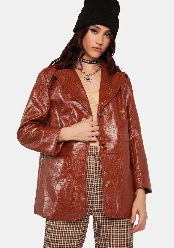 Women's Clothing Outfit Set Laid-Back Fashion Offers Brown Croc Vegan Leather Blazer