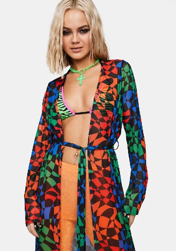 Women's Athleisure Apparel Trendy Styles Super Psychedelic Checkered Mesh Duster