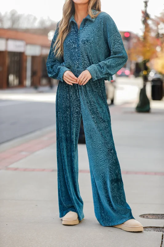 Women's Evening Apparel Seasonal Sale FINAL SALE - Luxurious Dream Teal Velvet Plisse Pants