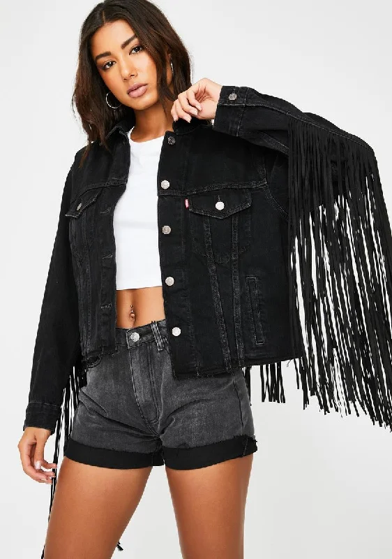 Women's Clothing Apparel Fashion Forward, Function First Black Ex Boyfriend Fringe Trucker Jacket