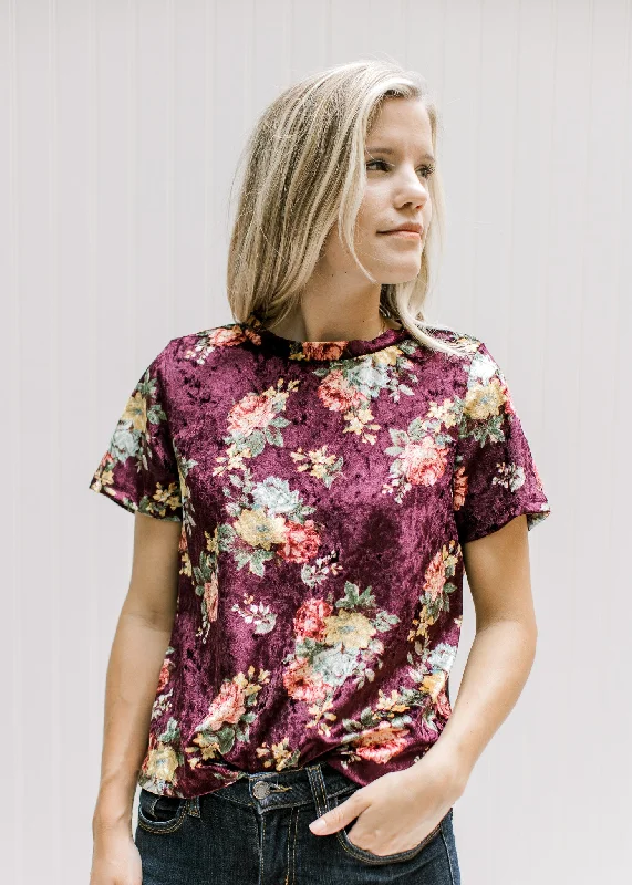 Women's Weekend Outfit Luxe Style Discounts Burgundy Floral Top