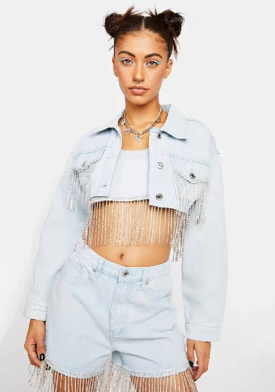 Women's Elegant Garments Timeless Elegance Redefined Cropped Denim Jacket With Diamante Fringe