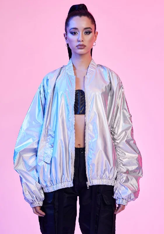 Women's Charming Outfit For Events Find Your Unique Flair Spaced Out Holographic Bomber Jacket