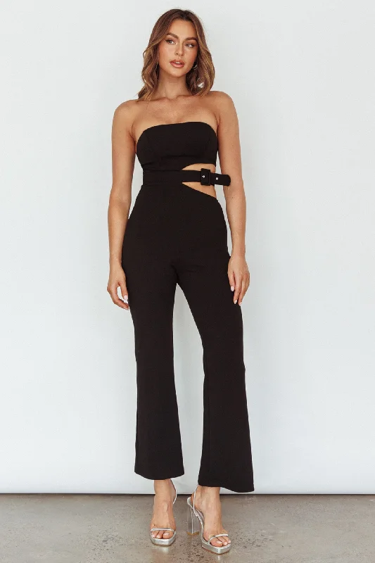 Women's Trendy Clothing Laid-Back Fashion Offers Glisten Cut-Out Buckle Waist Jumpsuit Black