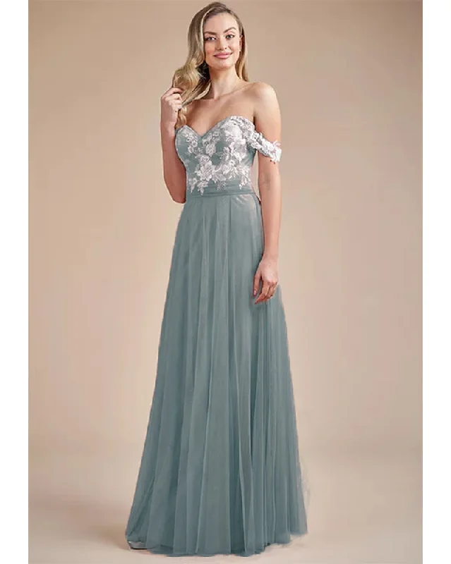 Modern Women's Outfit Spring Offer Dusty  blue Bridesmaid Dress Long off the shoulder Maid of Honor Party Wedding Gown LP10803