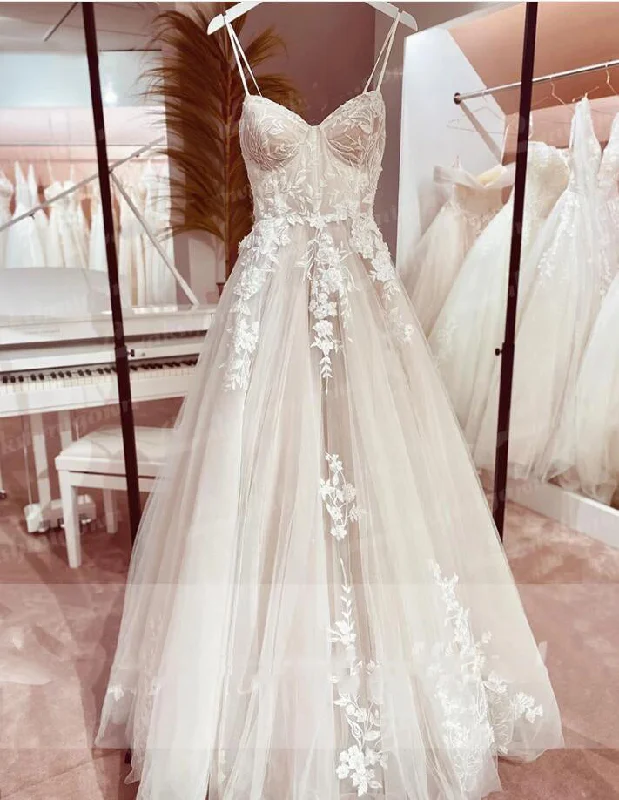 Comfortable Women's Attire Best Sellers Princess Lace Wedding Dress Bridal Robe 2024 Vestido Spaghetti Straps Chapel Train Champagne Tulle Wedding Gown Lakshmigown