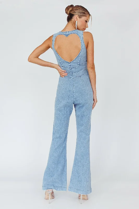 Women's Trendy Casual Outfit Hot Picks Teigan Heart Back Sleeveless Jumpsuit Light Denim