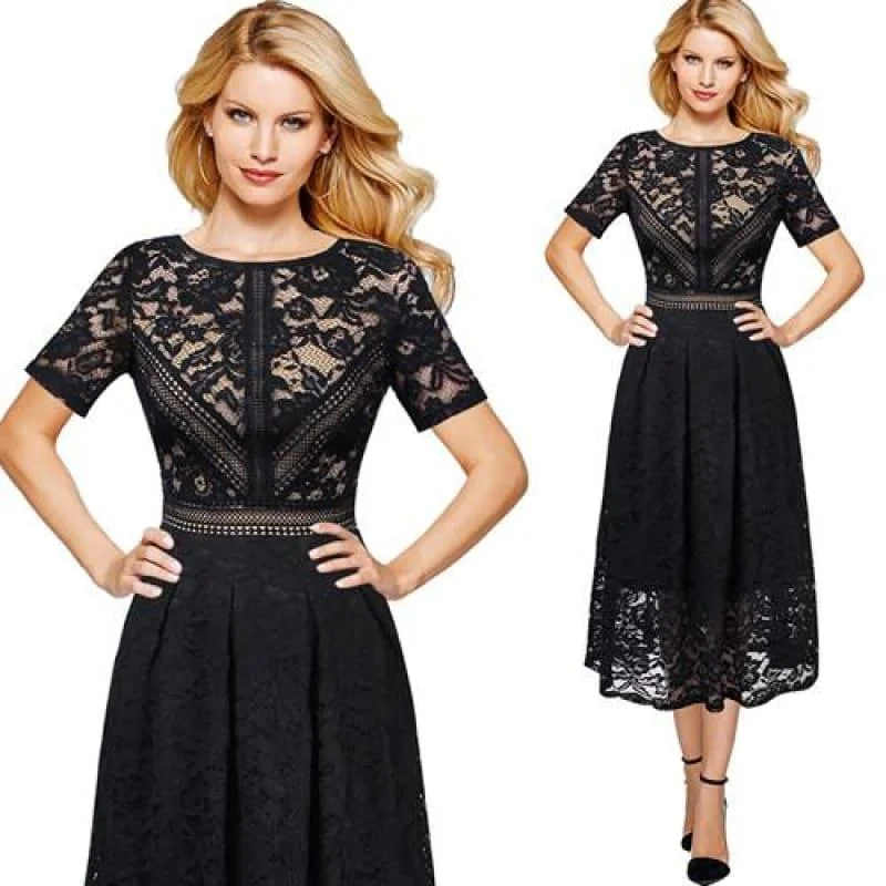 Women's Outdoor Activity Garments Timeless Elegance Sale Full Floral Lace Contrast Patchwork Flare Swing Skater A-Line Midi Dress