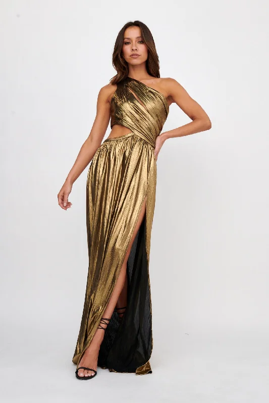 Fashionable Women's Clothing Street Style Discounts Fortuna One Shoulder Split Maxi Dress Black/Gold