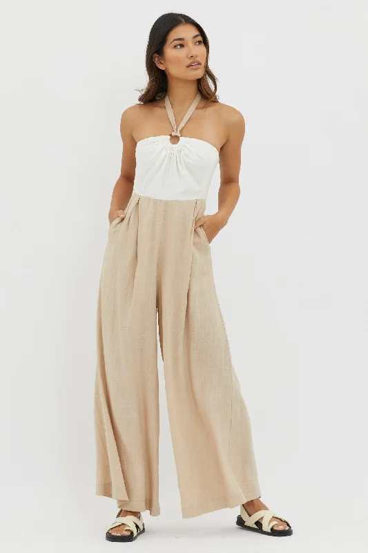 Women's Sporty Chic Clothes Fashion-Forward Offers Maryn Wide Leg Halterneck Jumpsuit Beige