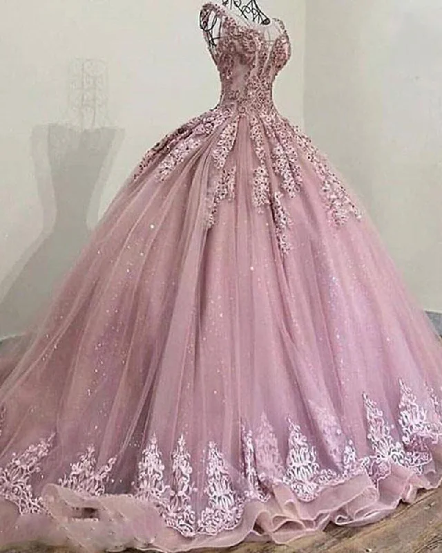 Women's Fashionable Attire For Work Fashion Forward Femininity Pricess Scoop Neck Glitter Sequins Tulle lace Mauve Pink Ball Gown Wedding Dresses Formal Masquerade Gown PL10302