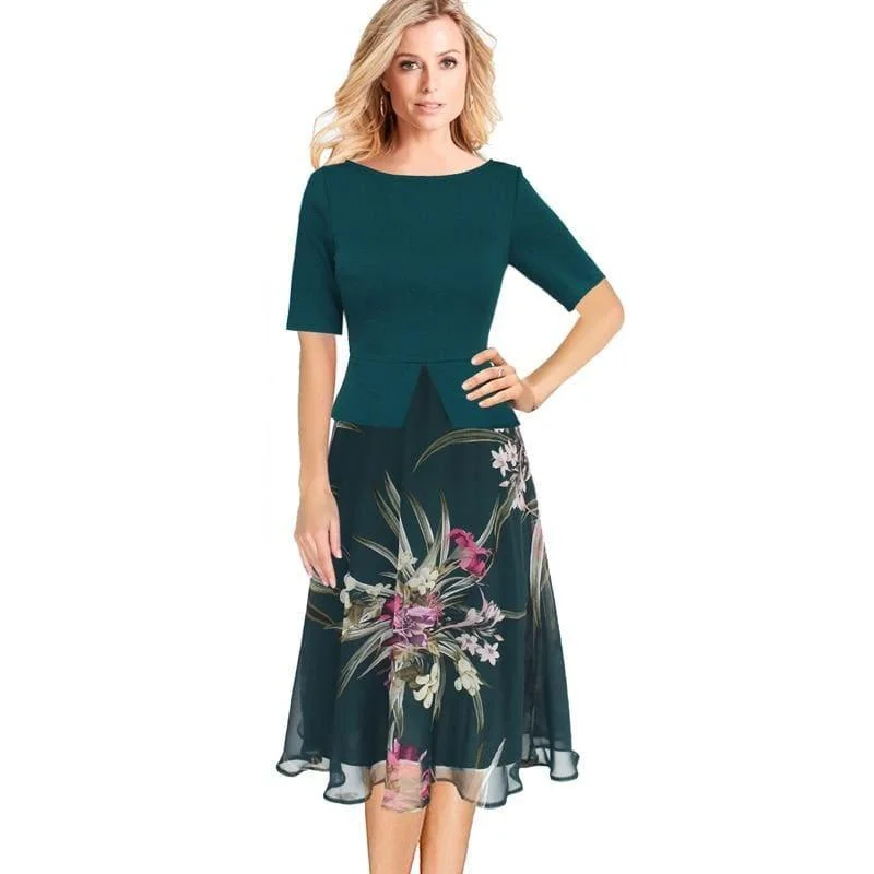 Women's Comfortable Garments Fashion-Forward Offers Chiffon Floral Print  Tunic Work Office Wear Fit and Flare A-Line Midi Dress