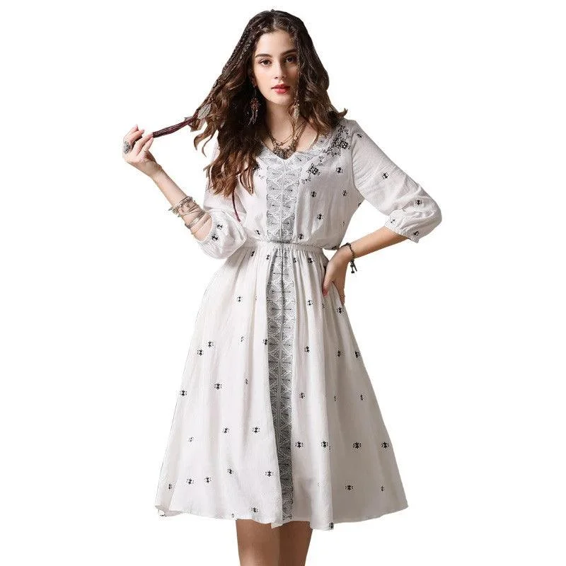 Women's Seasonal Clothes Polished Style Deals Ranch Style V-Neck A-line Three Quarter Lantern Sleeve Vintage Dress