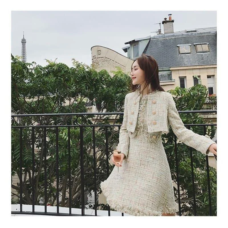 Women's Transitional Apparel Popular Collection Tweed Wool Jacket Sleeveless Dress Twin set Ladies Woolen Tassel Dress Midi Dress