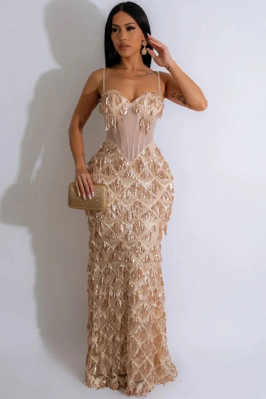 Women's Evening Wear Outfit Boutique Styles Sparkly Bustier Sleeveless Sheer Drop Waist Fringe Sequin Evening Maxi Dress