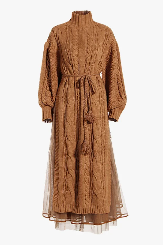 Women's Comfortable Lounge Garments Latest Fashion Vintage High Neck Fisherman Cable Knit Sweater Two Piece Midi Dress