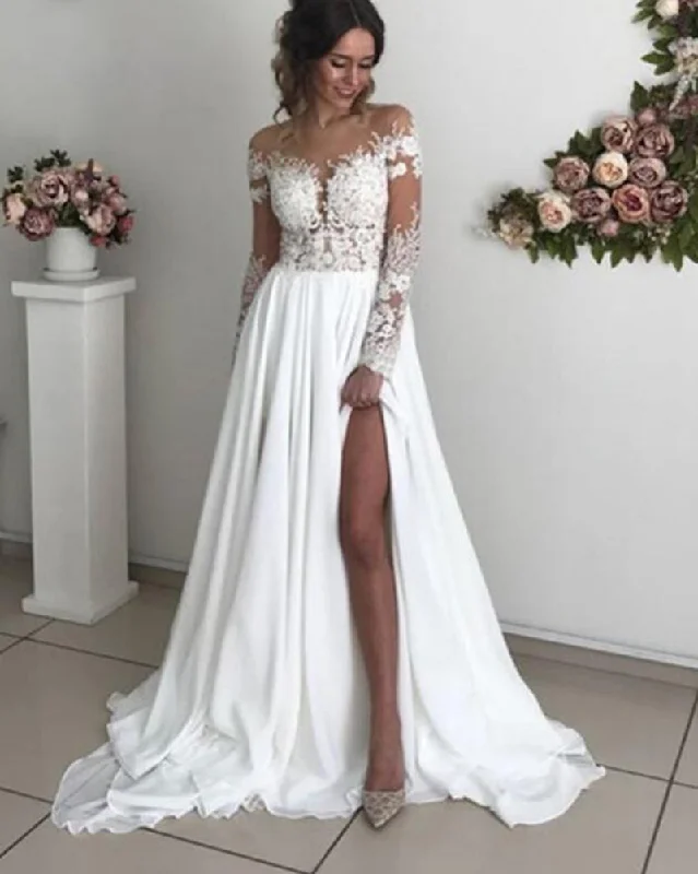 Women's Comfy Attire For Lounging Limited-Time Offer Long Sleeves Lace and Chiffon Beach Wedding Dress with Split Ivory Bridal Gown WD0818