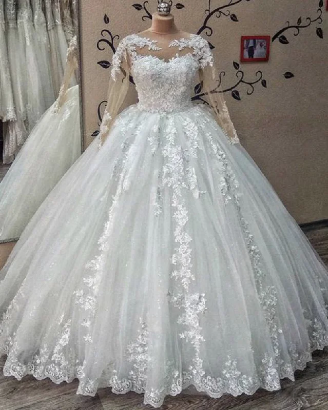 Women's Clothes For Work Events Romantic Chic Deals Vintage Lace Wedding Dress Long Sleeved Scoop Neck Ball Gown Bride Gown robe de mariage WD011240