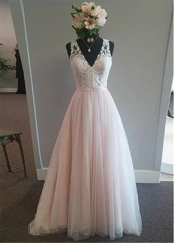 Tailored Clothing For Women Discover Promotions Romantic Pale Pink Ivory Lace and Tulle Formal Dress for Women  V Neck Receptaion Wedding Gown WD10914