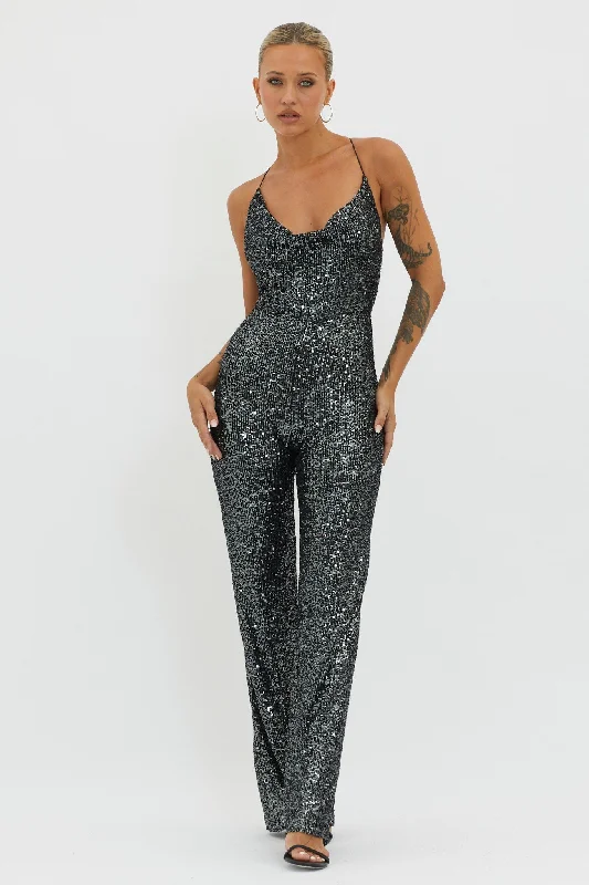 Stylish Women's Clothing Easy Elegance Sales Midnight Kiss Sequin Jumpsuit Gunmetal