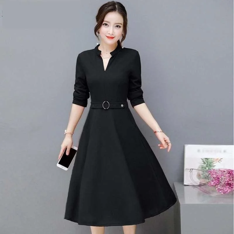 Chic Clothes For Women Exclusive Discounts Side Pocket V Neck Vintage Slim Ladies Midi Dress