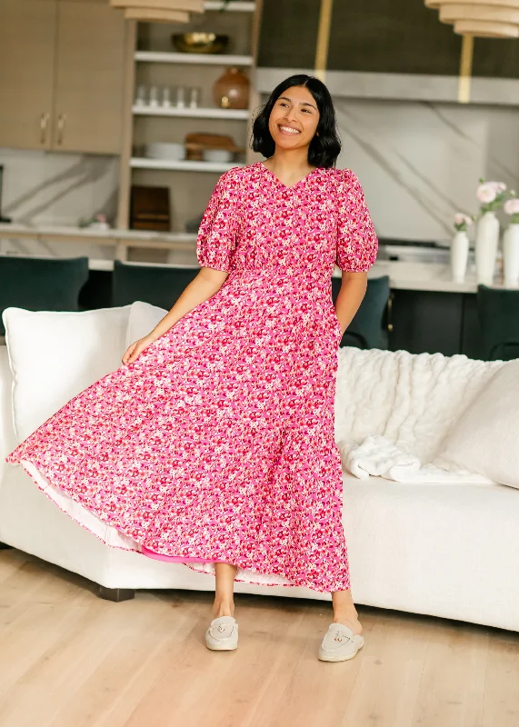 Charming Women's Holiday Apparel Trend Leading Collection Floral Print Rose Pink Tiered Maxi Dress