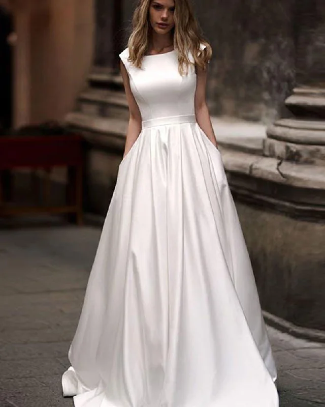 Women's Apparel And Garments Casual Chic Deals Ivory/White Boat Neck A Line Satin Elegant Wedding Dress,Women Bride Gown WD0804