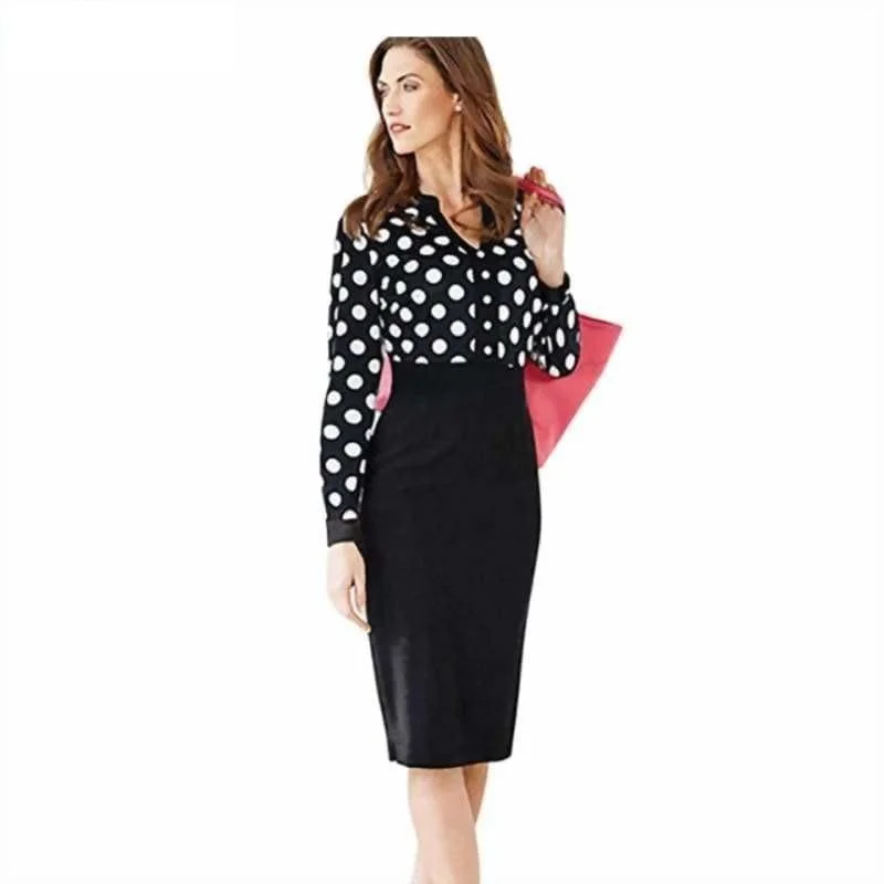 Women's Seasonal Clothing Special Offers, Don't Miss Black  Polka Dot V Neck Long Sleeve Pencil Midi Dress