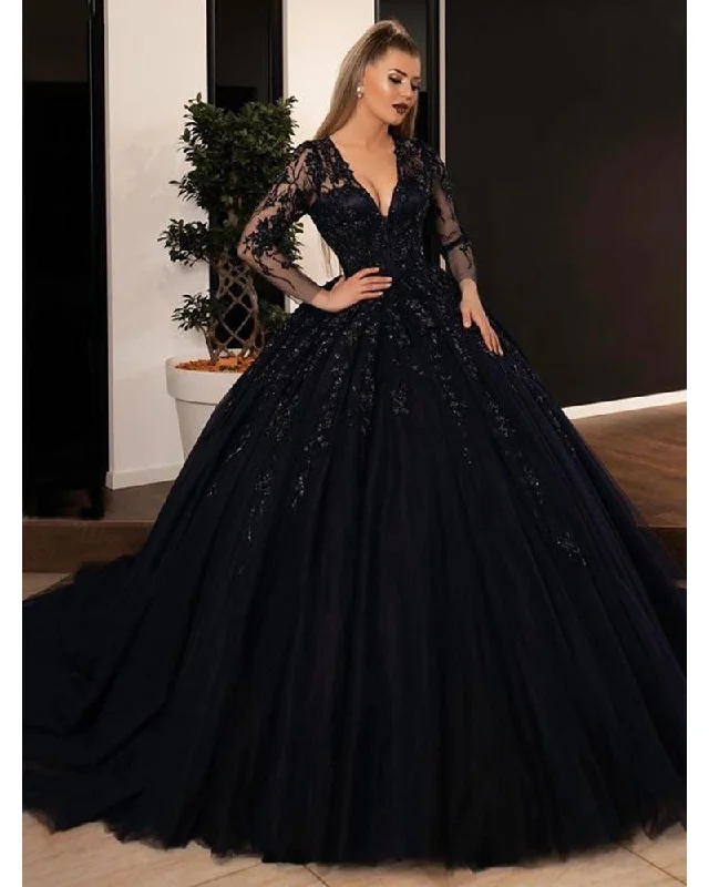 Women's Trendy Casual Clothes Easy Elegance Sales Gorgeous Ball Gown Black Wedding Dresses Long Sleevesd Sequin Lace Appliques Gothic Bridal Gowns  Princess Party Dress Plus Size WD11192