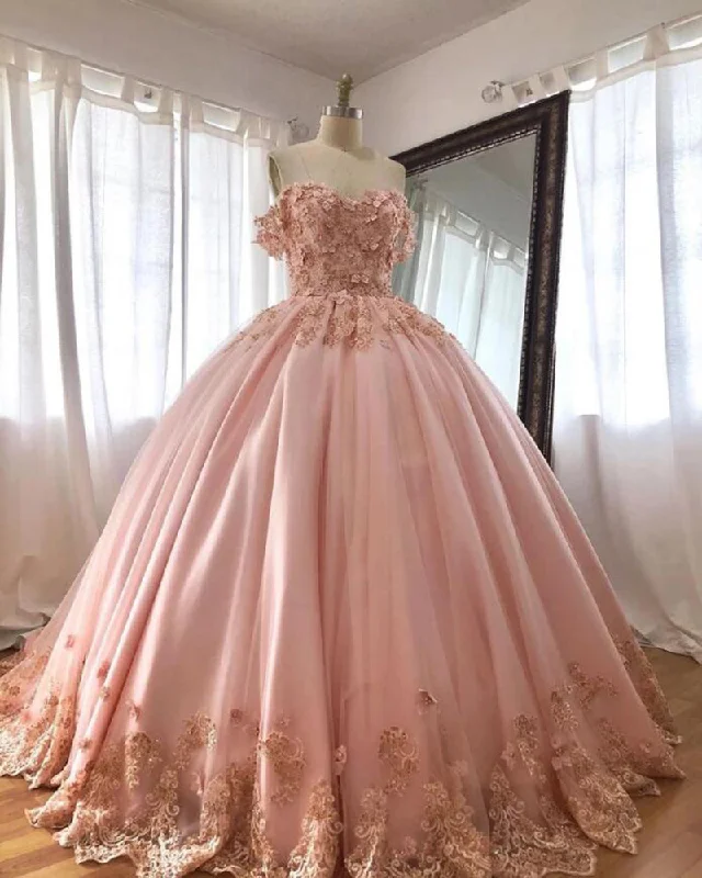 Women's Weekend Outfit The Latest Fashion Trends Pink Flowers Wedding Dress Off the Shoulder Ball Gown Quinceanera Dress WD0910