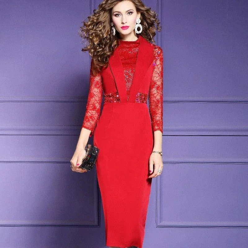 Women's Luxury Attire Clearance Event Lace Trim Vintage Summer Work Wear Midi Dress