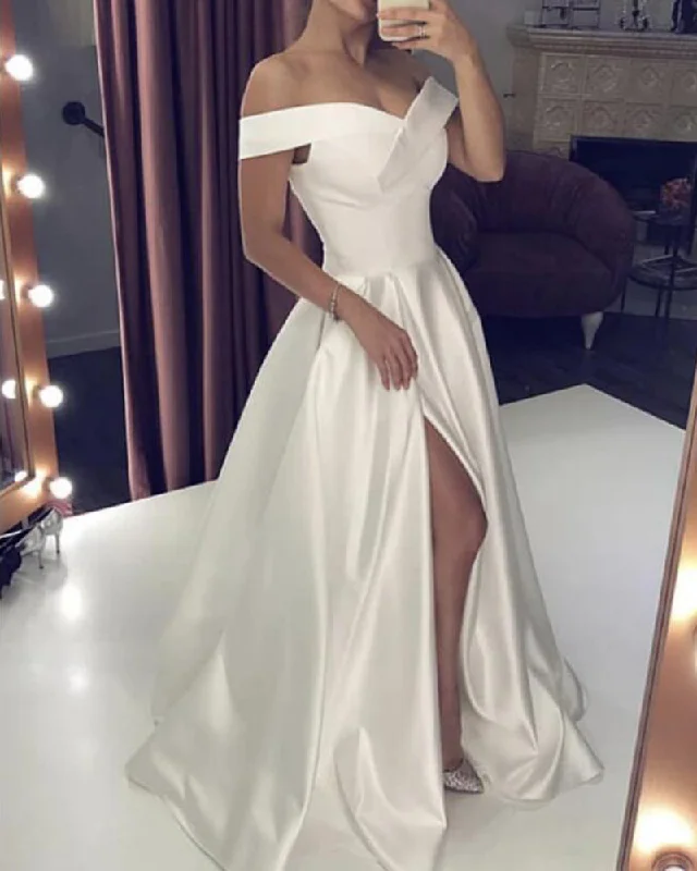 Women's Tailored Outfit Dive Into Trendy Styles Elegant Off the Shoulder Ivory/White Formal Wedding Gown A Line Satin Split Party Dress PL0909