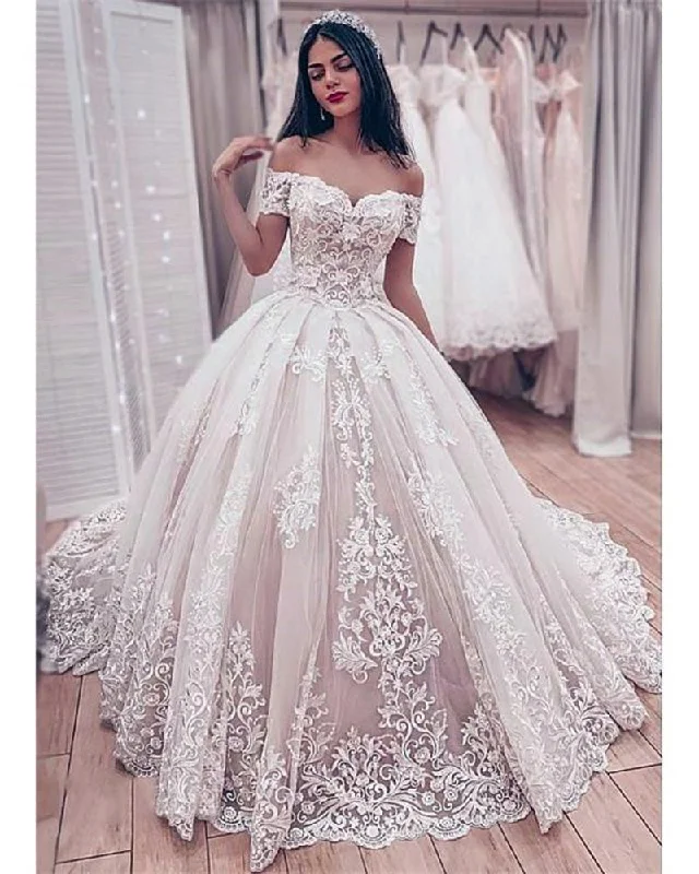 Women's Clothes Elevated Casual Discounts Romantic Off the Shoulder Women Lace Wedding Dress Ivory / Blush Pink Ball Gown Bridal Gown WD01207