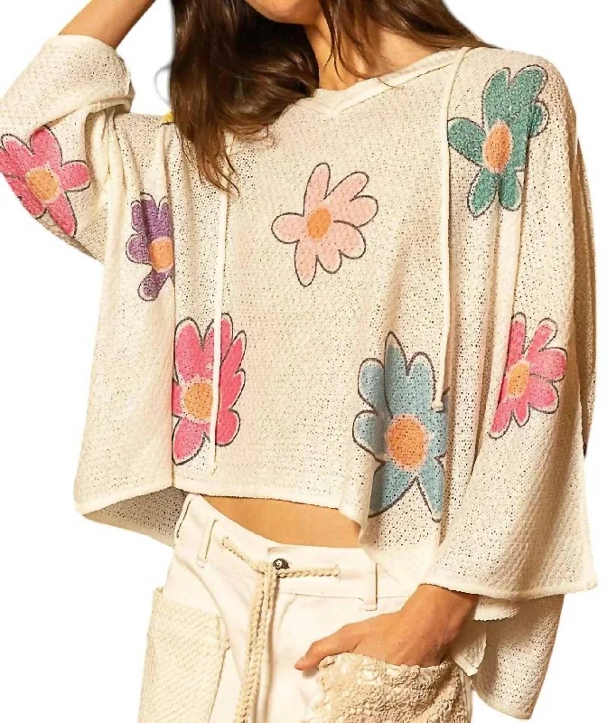 Women's Casual Apparel Easy Elegance Sales Flower Print Hoddie Top In Ivory