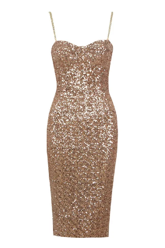 Women's Clothes Relaxed Style Deals Sparkly Sequin Bustier Metallic Chain Strap Bodycon Cocktail Party Midi Dress