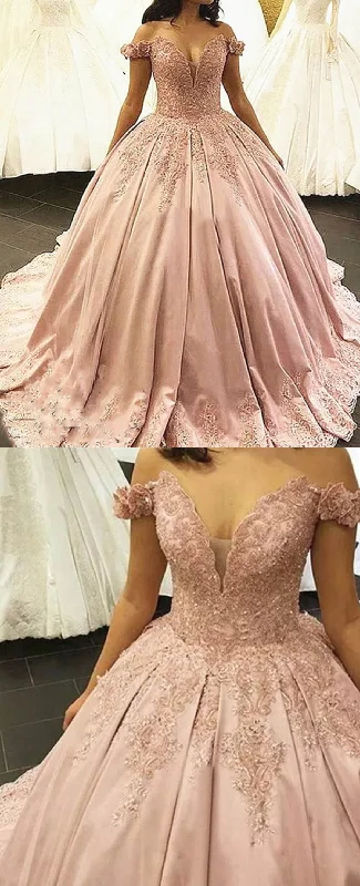 Affordable Trendy Clothes For Women Bold Fashion Sales Princess Off the Shoulder Satin and Lace Pink Ball gown Wedding Dress Bride Gown Novias WD11121