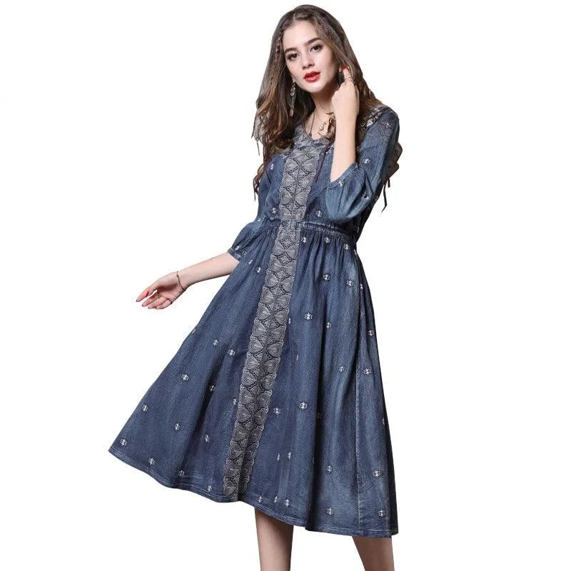 Formal Clothing For Women Find Your Unique Flair V-Neck A-Line Vintage Embroidery Denim Dress