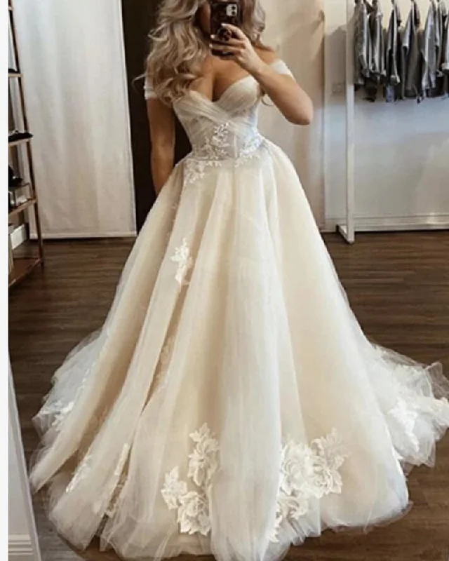 Women's Trendy Attire Limited Time Deal Beige/Off White Color Off the Shoulder Lace and Tulle Wedding Party Dress Bridal Gown for Women PL0828