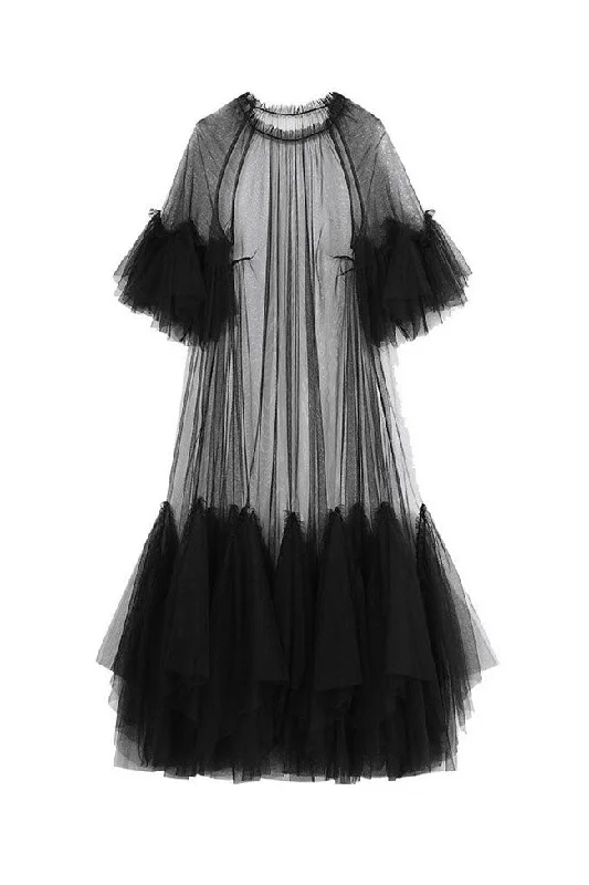 Women's Timeless Attire Limited Stock Floaty Ruffle Crew Neck Short Sleeve A Line Sheer Layer Tulle Maxi Dress