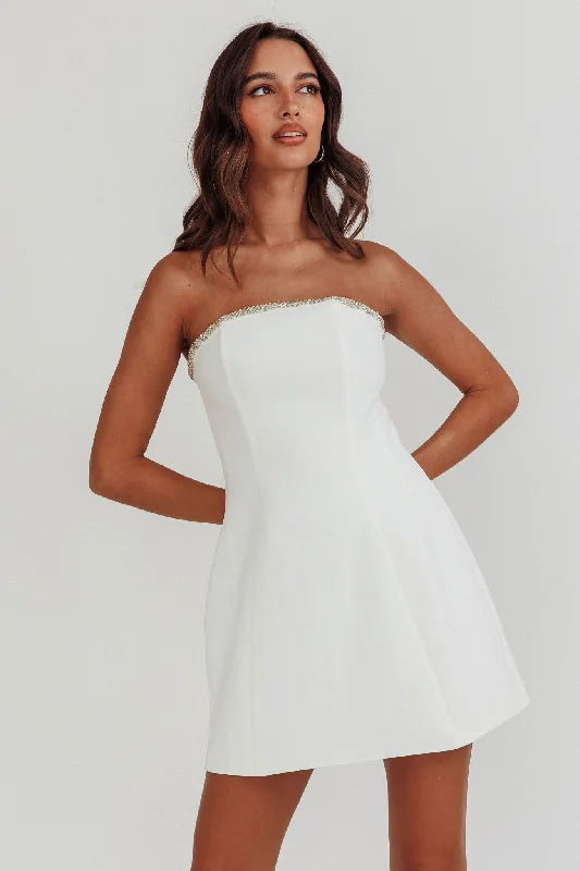 Modern Women's Attire Browse Our Top Products Macaila Rhinestone Trim Strapless Mini Dress Off White