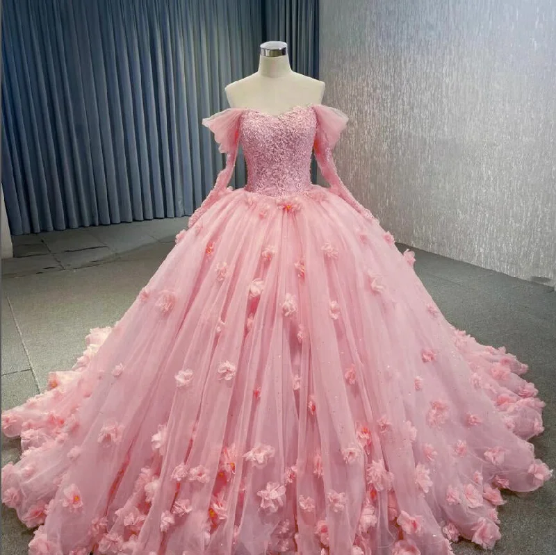 Women's Outdoor Attire Hot Brand Discounts Pink/Coral Ball Gown Wedding Dress ,Girls 3 D Flowers Sweet 16 Dresses Long Sleeves WD2473