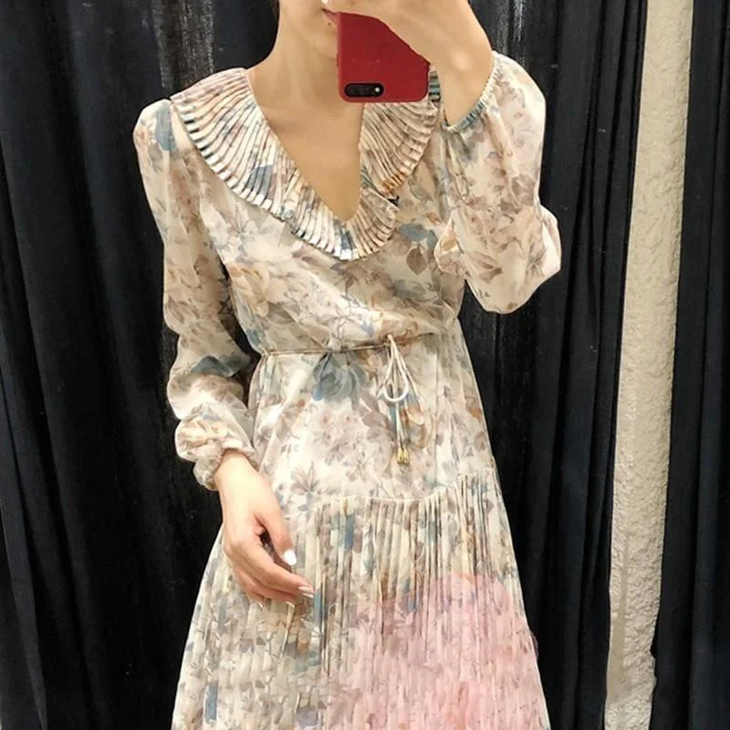 Stylish Outerwear Clothes For Women Limited Stock, Big Discounts Print Puff Long Sleeve Lace Up High Waist Pleated Midi Dress