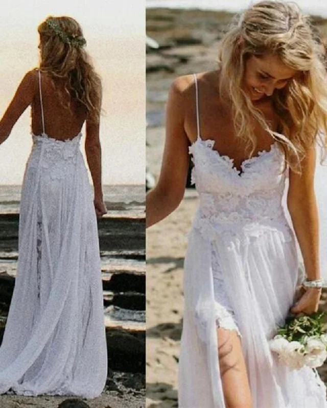 Women's Clothes And Apparel Sets Chic & Modern Sales Sexy Flowing Chiffon Lace Slits Lace Boho Bridal Dress White Beach Wedding Dress WD0701