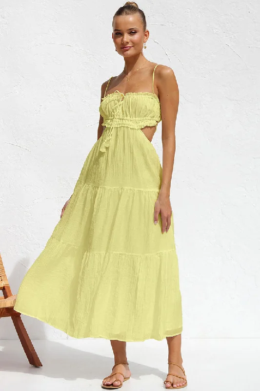 Elegant Women's Evening Garments Refined Fashion Sale Flowy Frilled Tie Neck Cutout Ruched Flared Summer Midi Sundress - Yellow