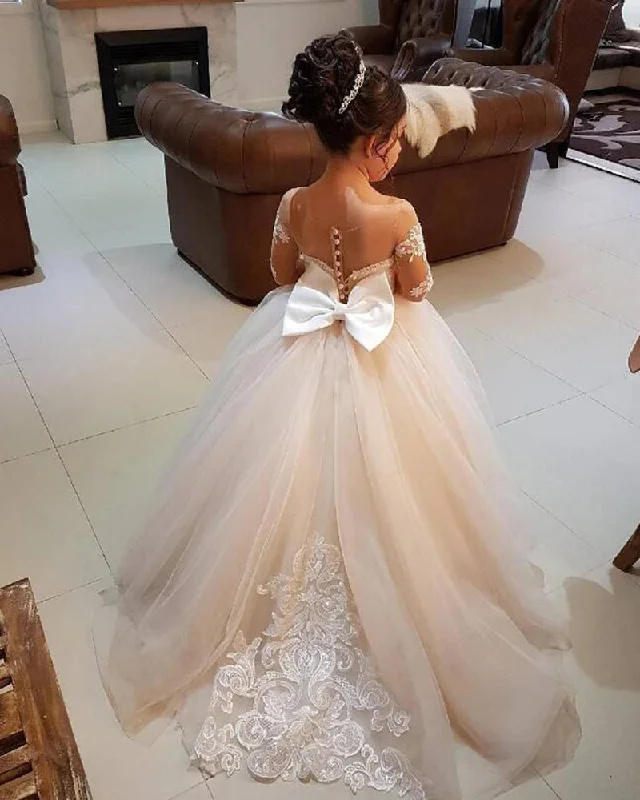 Affordable Women's Apparel Urban Style Promotions Nude/Ivory Ball Gown Lace Flower Girls Dress,Wedding Dress for Little Girl Long Sleeves FG0720