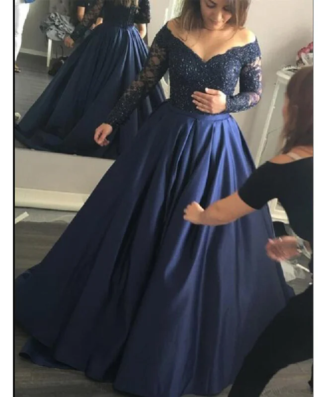 Women's Casual Wear Clothes Chic & Modern Sales Vintage Off Shoulder V Neck Colorful Navy Blue Satin Ball Gown Lace Beaded Wedding Dress Women Long Sleeves Prom Gown Vestido WD01125