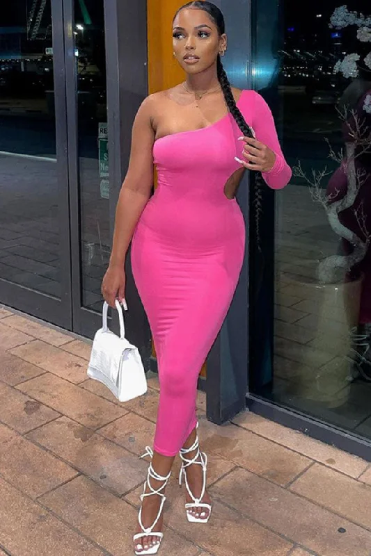 Women's Clothes And Apparel Hurry Before It'S Gone Asymmetric One Shoulder Long Sleeve Cutout Bodycon Party Midi Dress - Pink