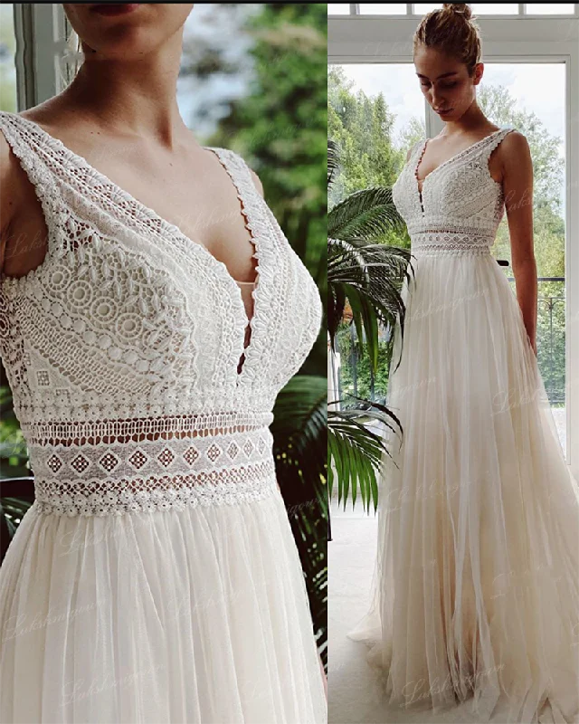 Timeless Women's Outfit Additional Time-Limited Offers Boho Wedding Dresses 2021 V Neck Beach Lace Bridal Wedding Gowns Elegant Bohemian Tulle A Line Bridal Dress