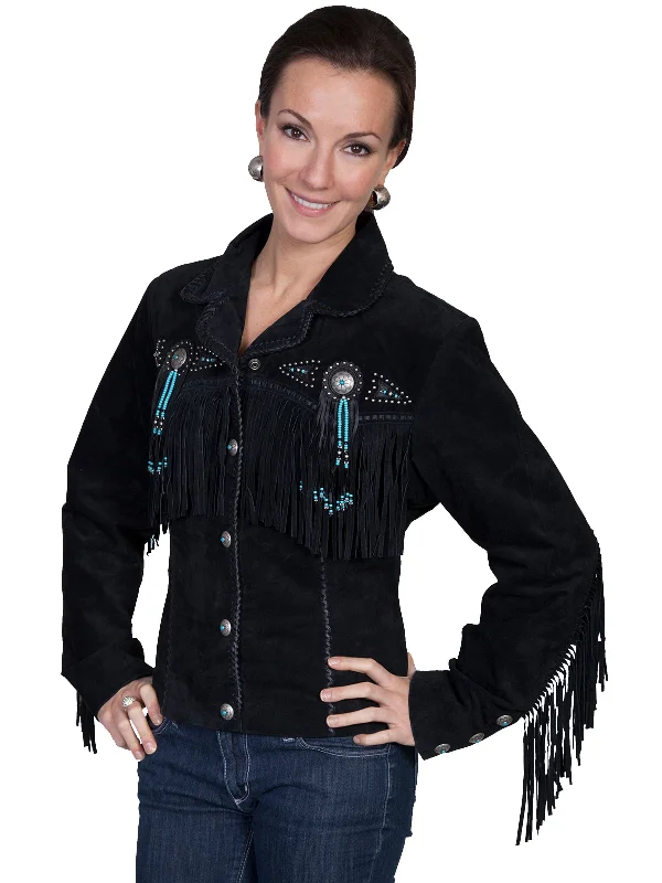 Chic And Affordable Fashion – Limited-Time Offers Scully Leather Womens Beaded Fringe Conchos Boar Suede Jacket Black